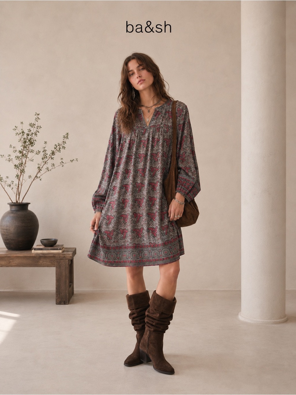 ba&sh Gray Paisley Boho Tunic Dress Long Sleeve Mini Shift Dress Effortless Chic